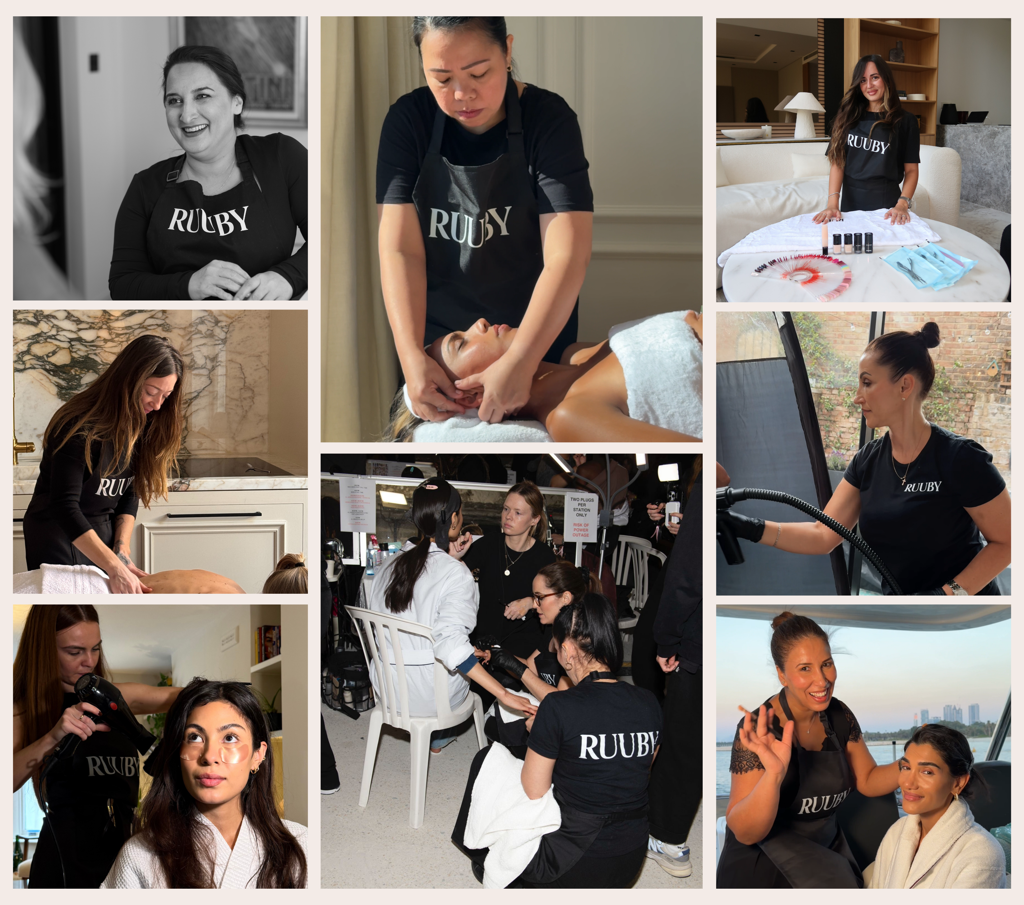 A collage of Ruuby therapists delivering at-home massage, facial, hair, makeup, lashes and spray tan treatments