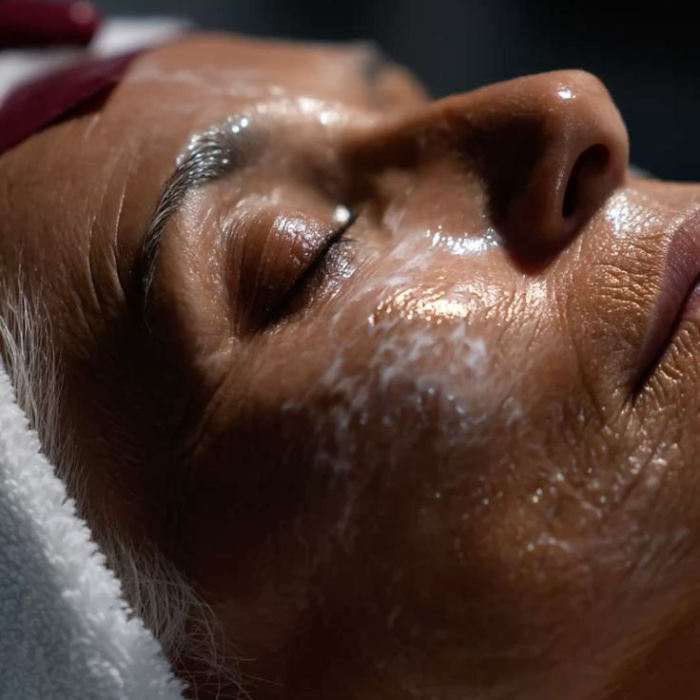 A close-up of a client relaxing with eyes closed and product applied to the skin during a Dr. Barbara Sturm Super Anti-Ageing Facial.