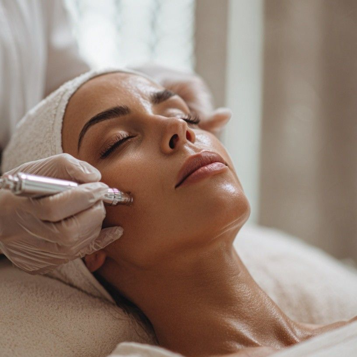 Gloved practitioner performing a microneedling facial on a woman's cheek with a handheld device, as she relaxes with her eyes closed.