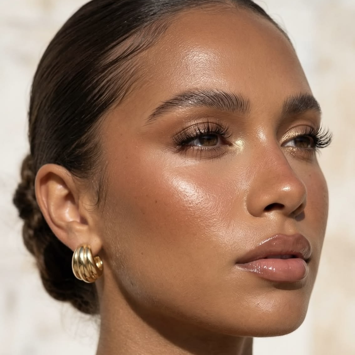 Close-up of a woman with a glowing, dewy makeup look — bronzed skin, fluttery lashes and a glossy nude lip.