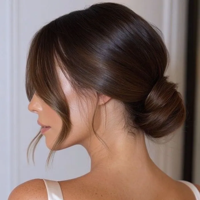 Sleek low chignon updo with soft face-framing strands, styled by a Ruuby hair stylist and shown from behind