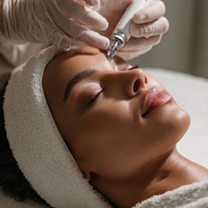 Gloved medical practitioner performing PRP therapy on a woman's forehead with a microneedling device, as she relaxes with her eyes closed