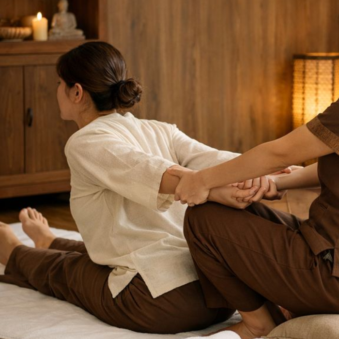 A therapist performing a seated Thai massage stretch on a client in a warmly lit, wood-panelled room.