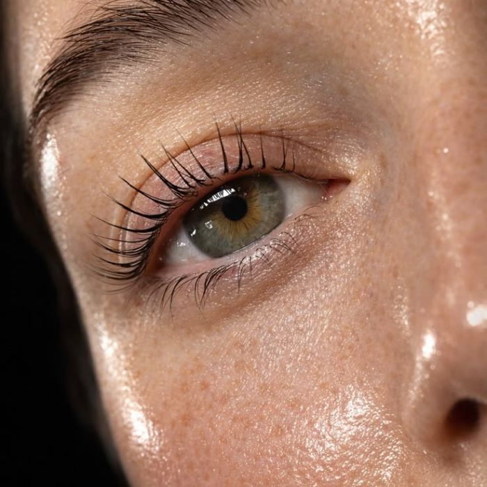 Close-up of a woman's eye showing the lifted, curled result of a lash lift, with a defined natural brow above.