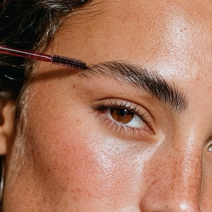 Close-up of a brow being brushed up with a spoolie, showing the full, groomed result of a brow lamination.