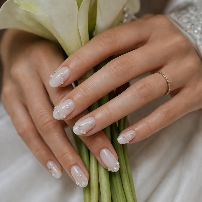 Bride's hands with milky white pearl-detail bridal nails holding a calla lily bouquet
