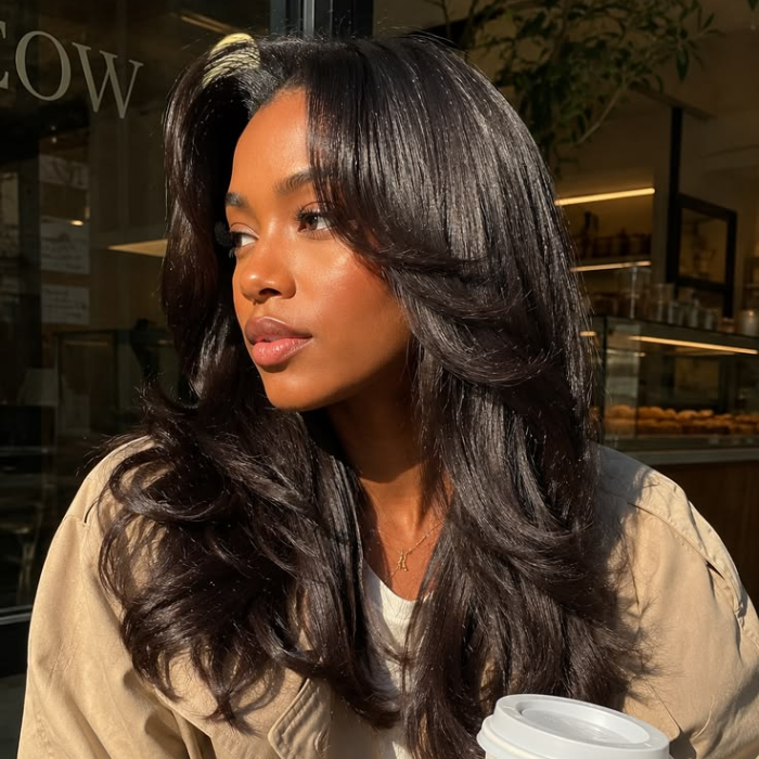 Woman with long, sleek blow-dried dark hair with soft volume, wearing a camel coat.