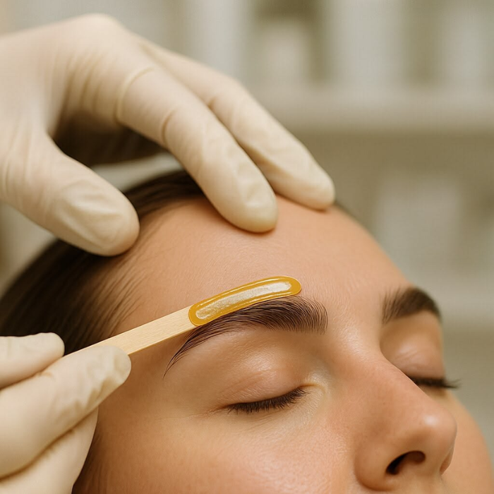 Gloved technician applying warm wax to a woman's eyebrow with a spatula during a brow waxing treatment, eyes closed.