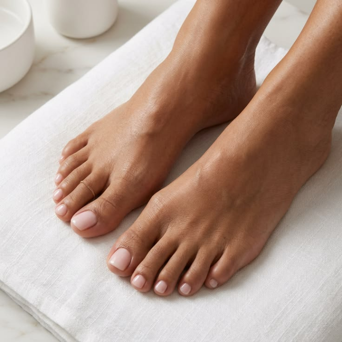 A close-up of feet with a natural, glossy Bio Sculpture gel pedicure resting on a white towel.