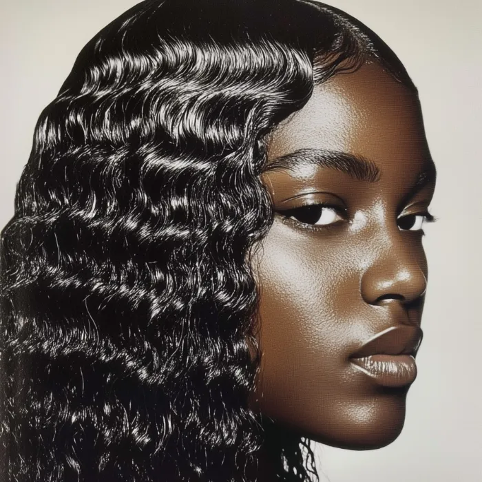 A side profile of a woman with long, glossy finger-waved hair and natural makeup against a pale background.