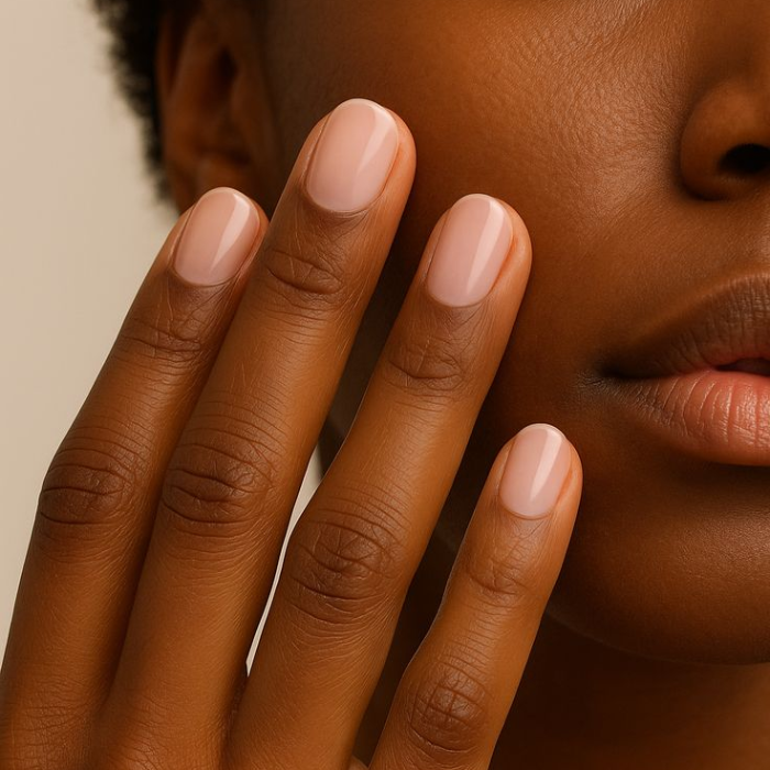 A close-up of a hand with a glossy, natural-pink Bio Sculpture gel manicure resting against the face.