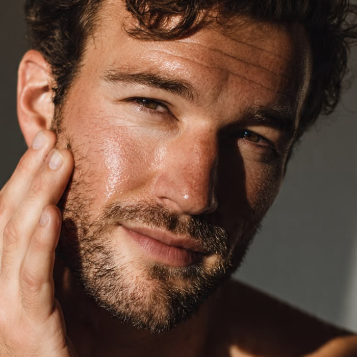 Close-up of a man with healthy, glowing skin and light stubble touching his face, lit by warm natural light.