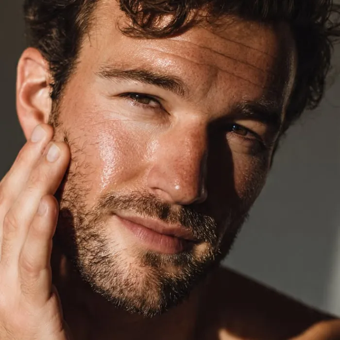 Close-up of a man with healthy, glowing skin and light stubble touching his face, lit by warm natural light.