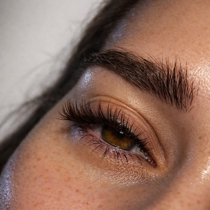 Close-up of a woman's eye showing a freshly tinted, defined brow and darkened lashes.