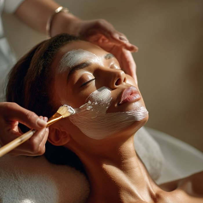 Bride having a pre-wedding facial with a face mask applied by a skincare therapist