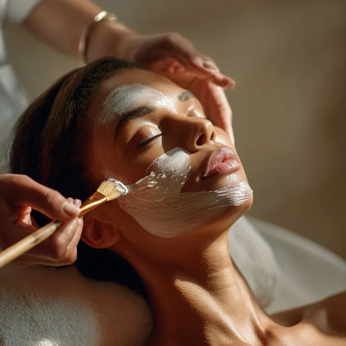 Bride having a pre-wedding facial with a face mask applied by a skincare therapist