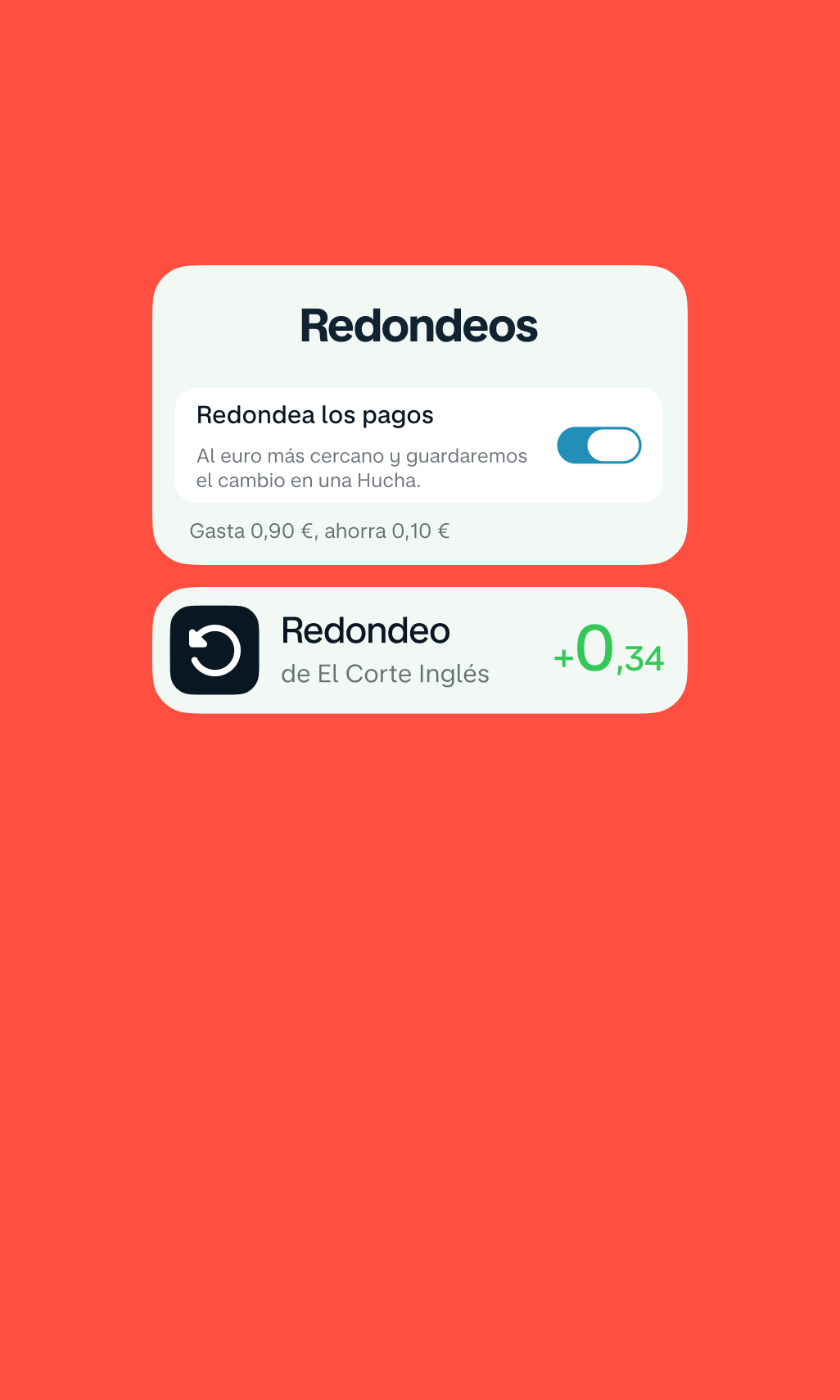 Interfaz de la aplicación de Monzo que muestra la opción de redondear un pago con tarjeta al euro más cercano y ahorrar del cambio en una Hucha.