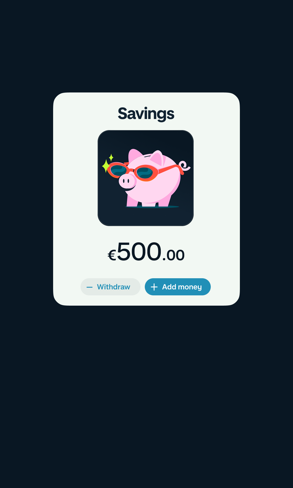 A Monzo savings Pot with a €500 balance and buttons to withdraw or add money.