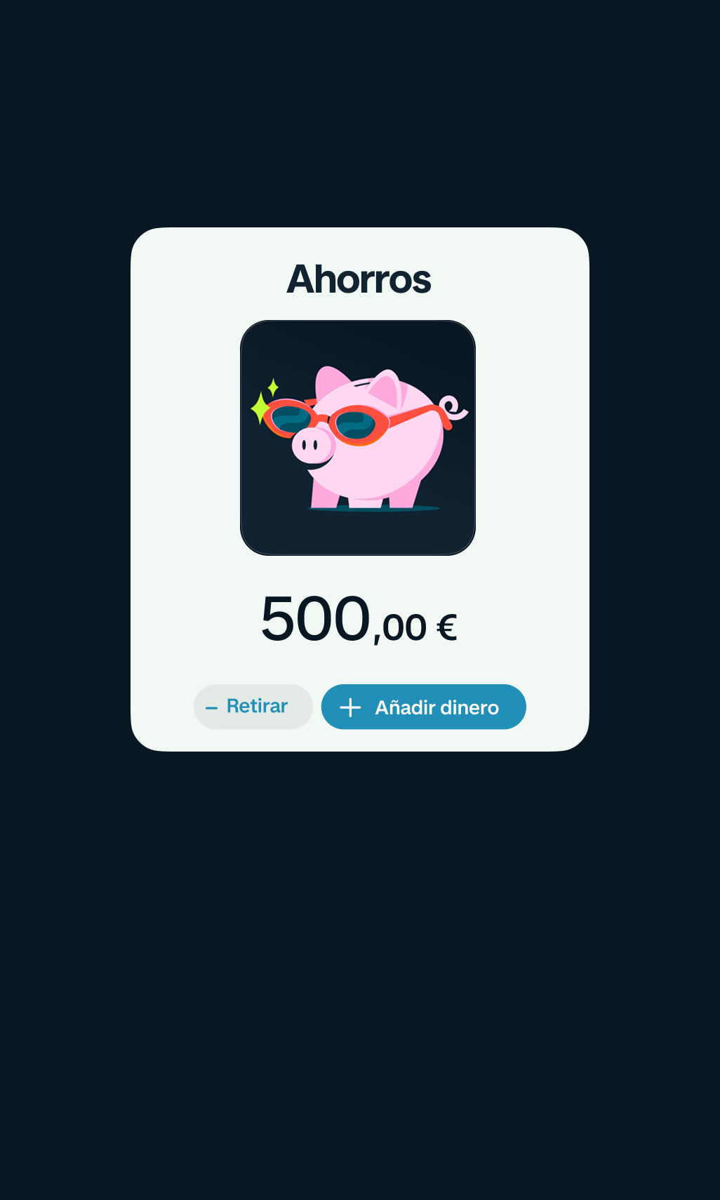 Una Hucha de ahorro de Monzo con un saldo de 500 € y botones para retirar o añadir dinero.