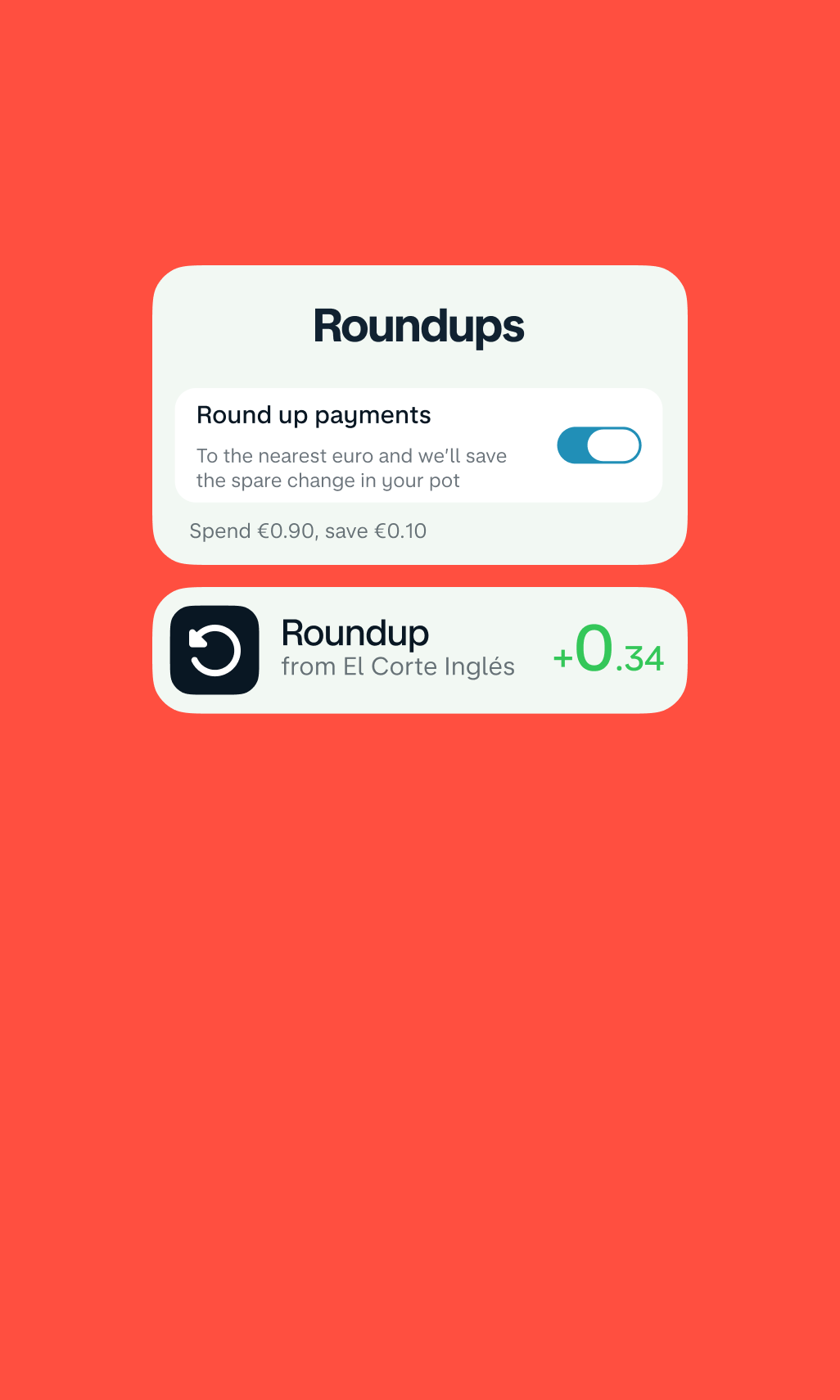 The Monzo app rounding a card payment up to the nearest euro and saving the change into a Pot.