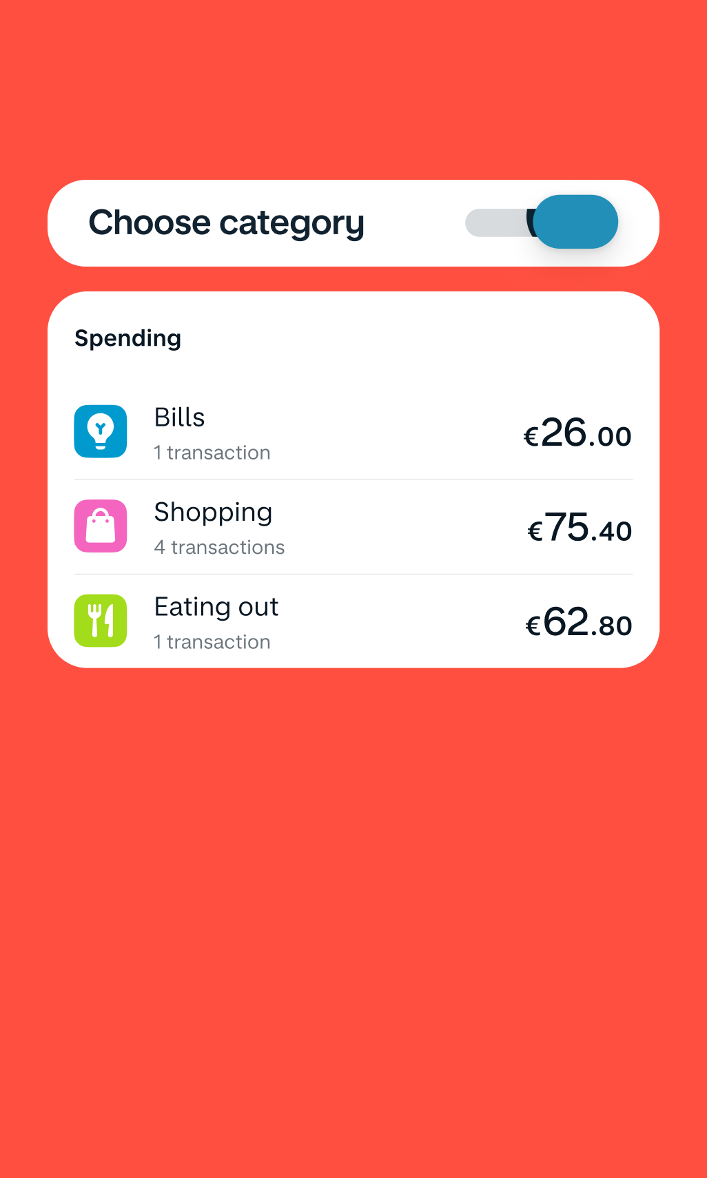 The Monzo app breaking spending down by category, showing amounts for bills, shopping and restaurants.
