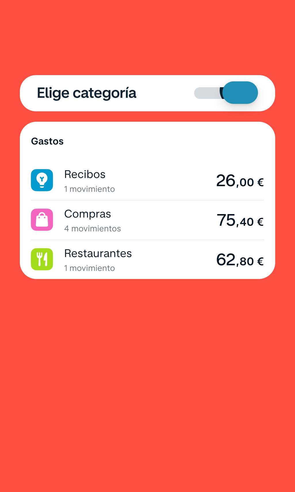 Interfaz de la aplicación de Monzo con un desglose de gastos por categoría, que muestra los importes para las categorías de recibos, compras y restaurantes.