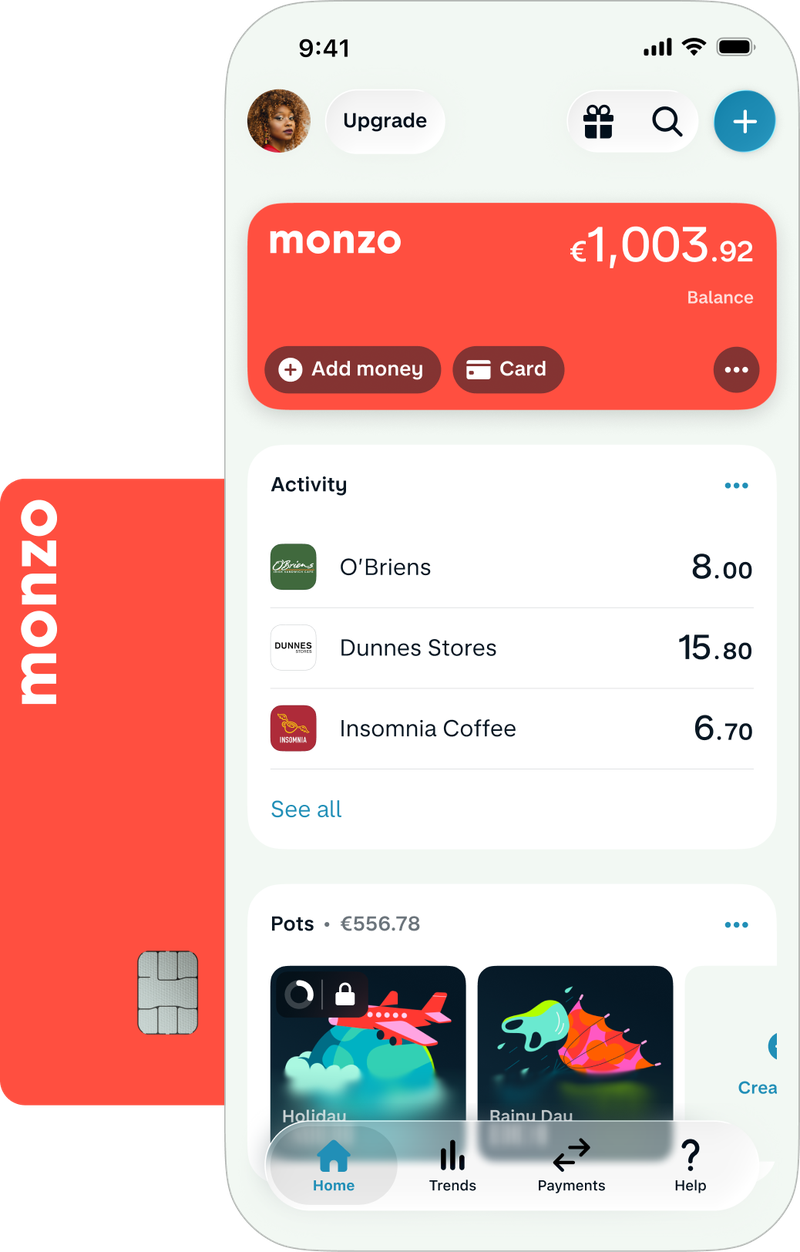 Monzo UI of the overview screen for 16-17 accounts. Shows a summary of balance, spend and Pots. 