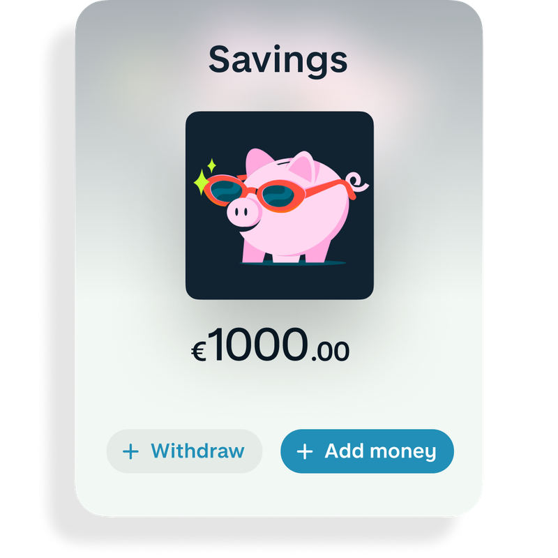 Savings Pot with a piggy bank icon (with sunglasses) containing €1000 in savings 