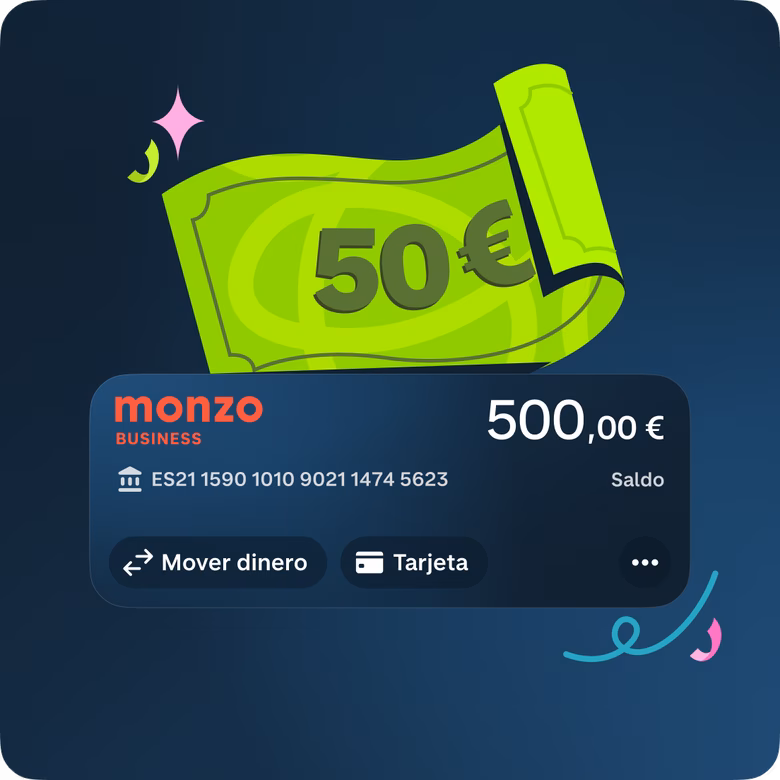 Cuenta para empresas de Monzo de color azul marino mostrando una recompensa de 50 € añadida a la cuenta.