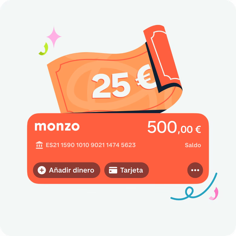 Cuenta personal de Monzo de color coral mostrando una recompensa de 25 € añadida a la cuenta.