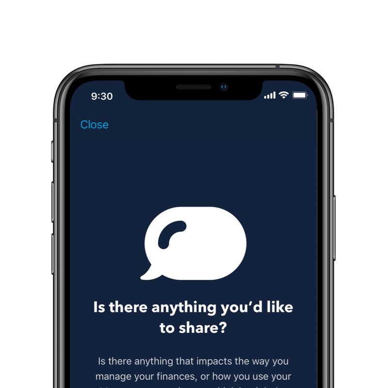 Monzo app screen with a speech-bubble icon headed 'Is there anything you'd like to share?', inviting you to tell Monzo about anything affecting how you manage your money
