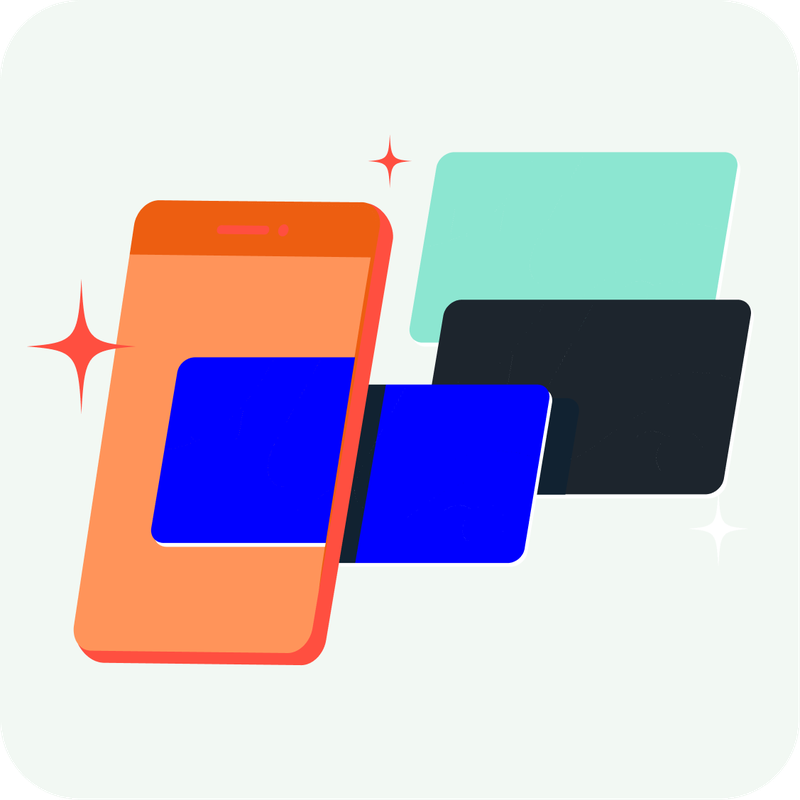 Illustration of a phone with several Monzo cards fanned out beside it