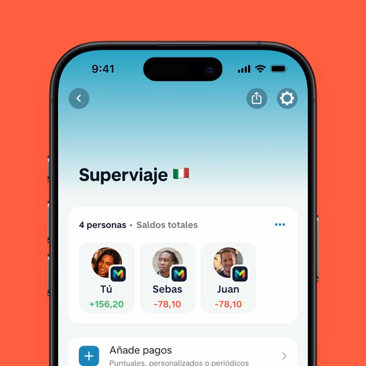 App de Monzo mostrando un viaje en grupo a Italia, con los saldos entre amigos de los gastos compartidos.