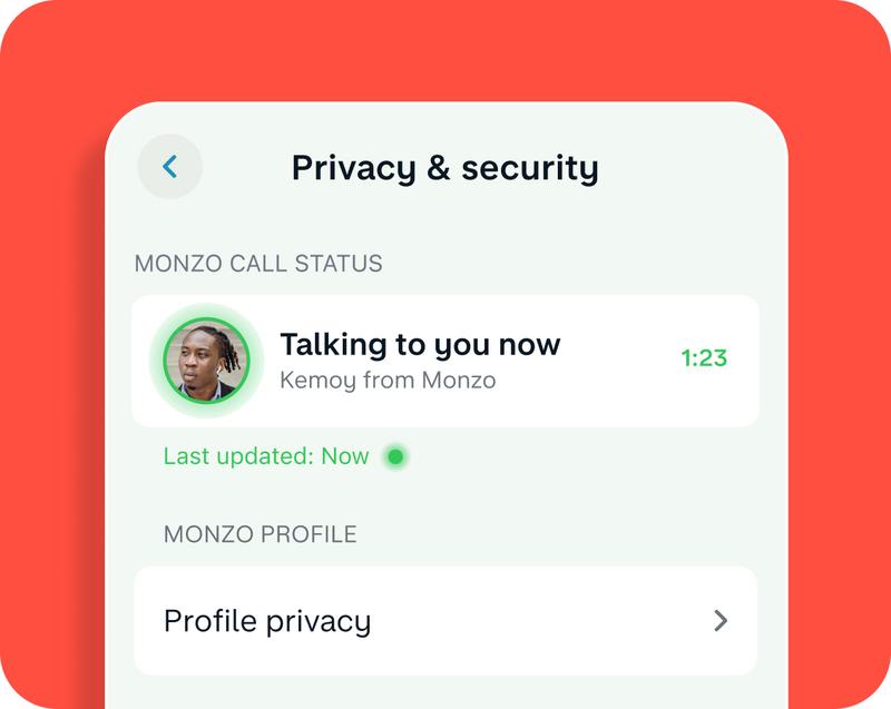 Monzo app UI of the call status tool – showing when someone calls. On a hot coral background. 