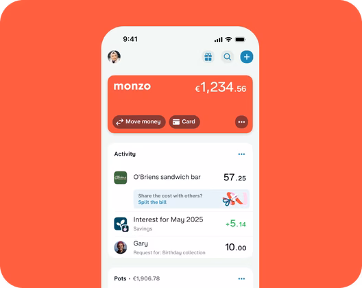 Monzo's Irish app homescreen product UI 
