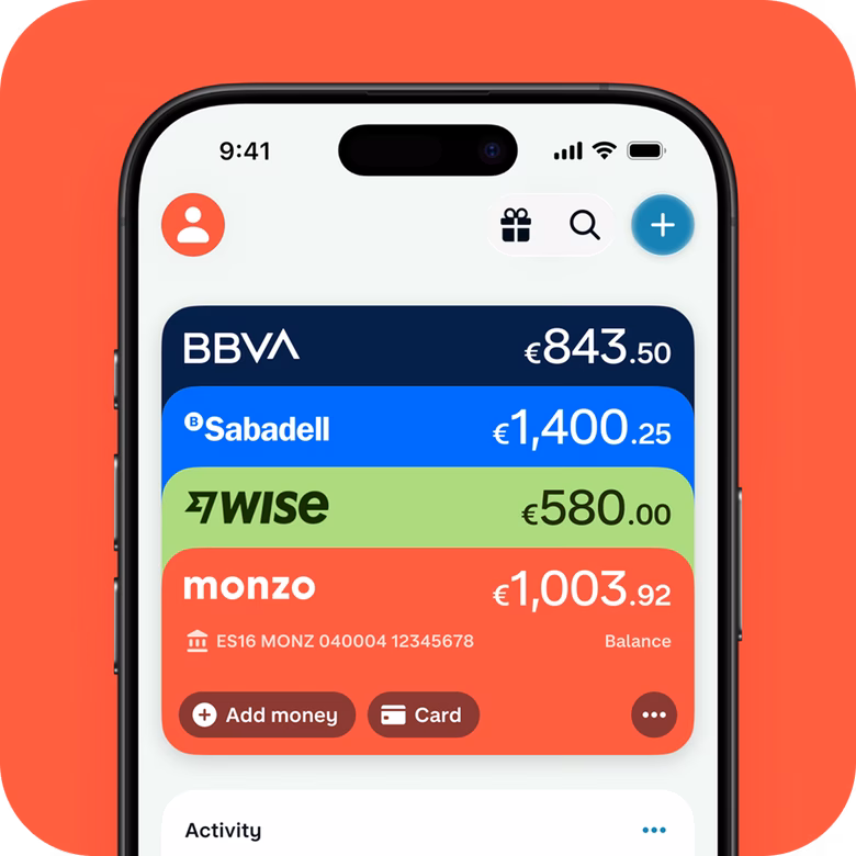 Monzo app showing balances across connected BBVA, Sabadell and Wise accounts alongside a Monzo account.