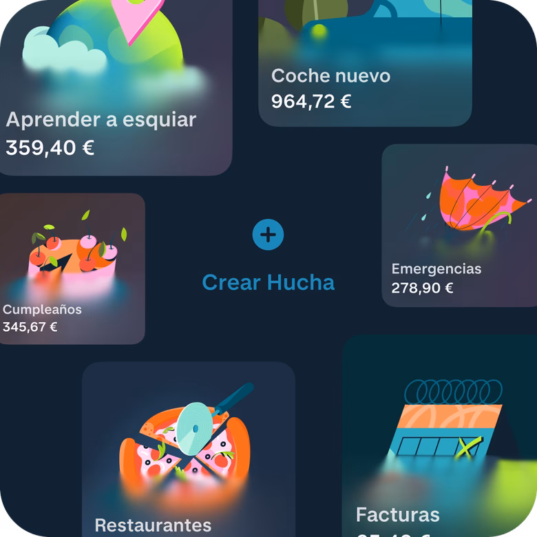 Aplicación de Monzo mostrando Pots para distintos objetivos de ahorro y gastos, como un viaje de fin de semana, un coche nuevo, comer fuera y facturas.