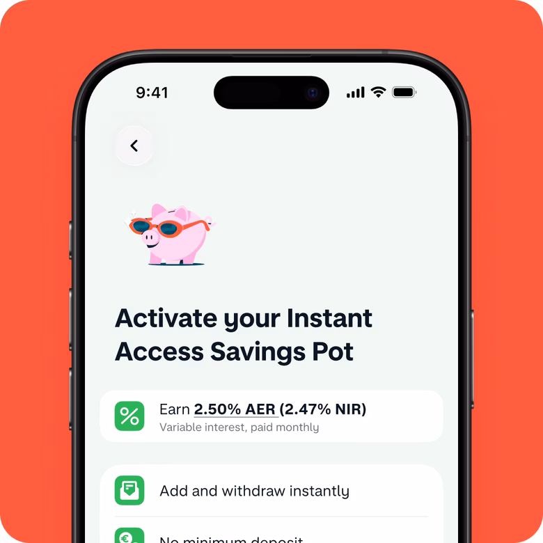 Phone showing an Instant Access Savings Pot with interest rate details.
