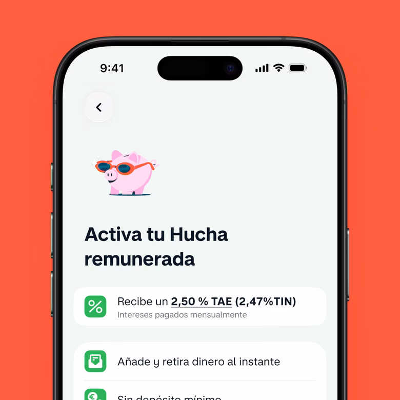 Teléfono que muestra una Hucha remunerada con detalles del tipo de interés