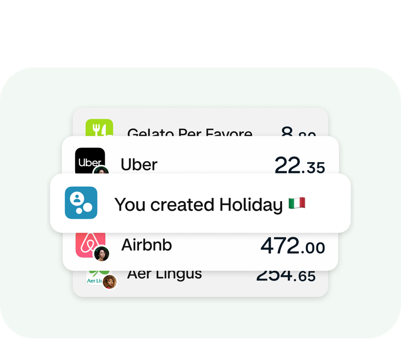 A "Holiday" Split showing transactions via Uber, Airbnb and Aer Lingus. 