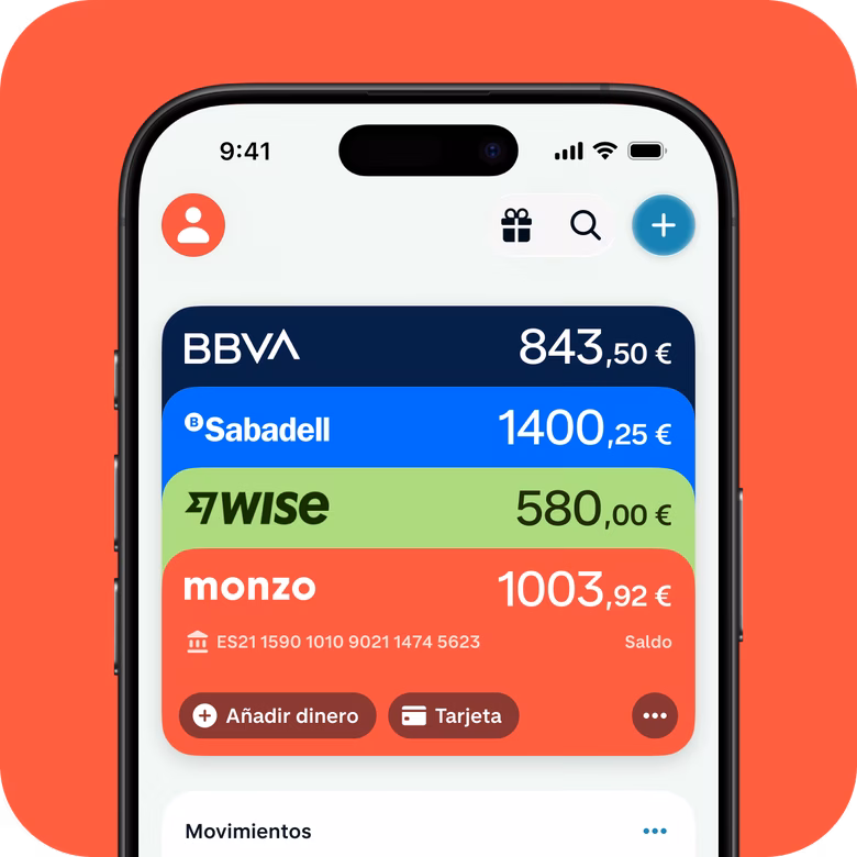 Aplicación de Monzo mostrando los saldos de cuentas conectadas de BBVA, Sabadell y Wise junto a una cuenta de Monzo.