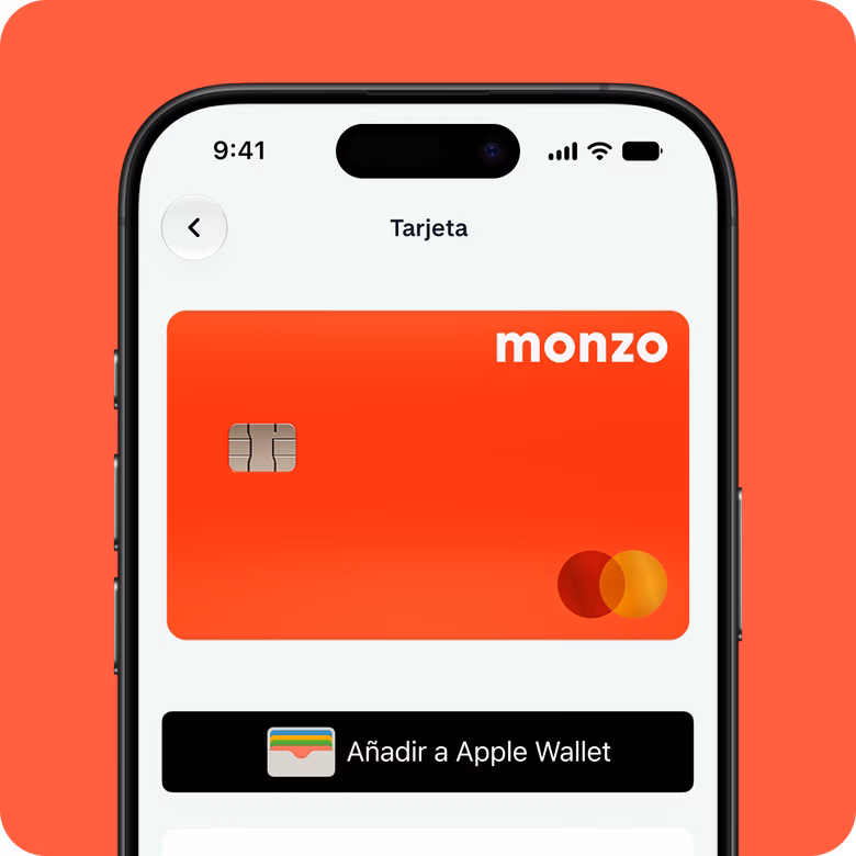 iPhone que muestra una tarjeta Mastercard roja de Monzo en la app bancaria, con la opción de añadirla a Apple Wallet, sobre un fondo coral.