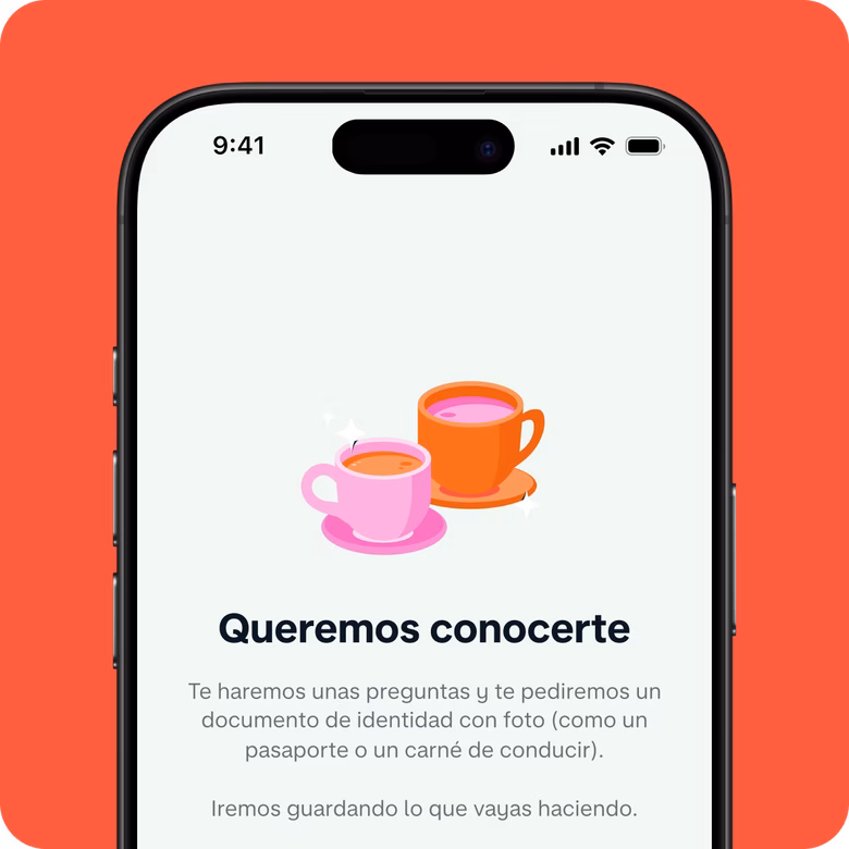 iPhone que muestra la pantalla de solicitud de cuenta de Monzo, con una ilustración de colores y el título «Let’s get to know you», que introduce las preguntas que deben responder los clientes para abrir una cuenta.