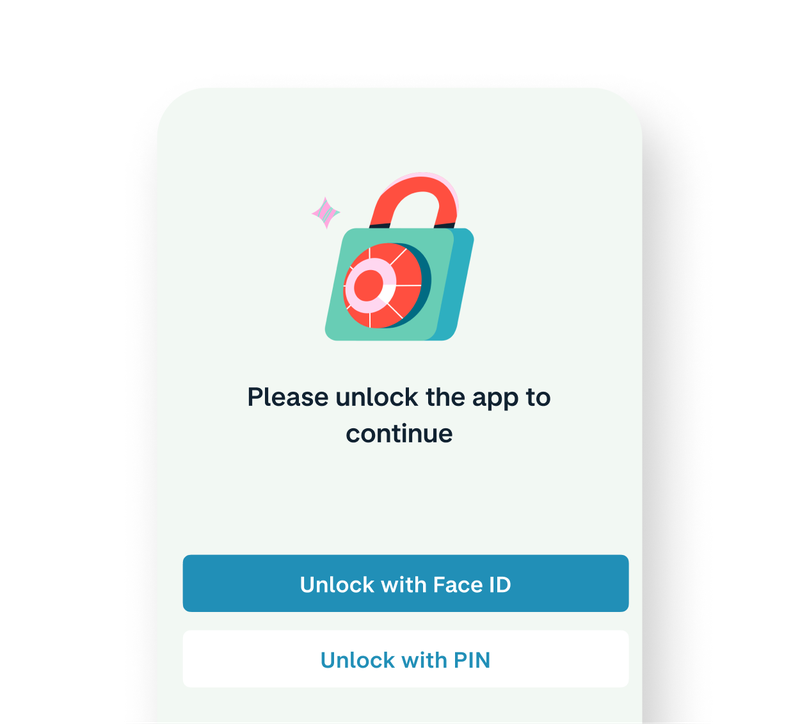 Monzo app lock screen with a padlock illustration, reading "Please unlock the app to continue", with "Unlock with Face ID" and "Unlock with PIN" buttons.