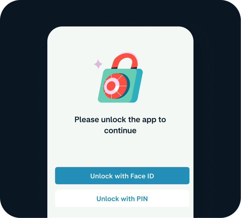 Monzo app lock screen reading "Please unlock the app to continue", with Face ID and PIN options.