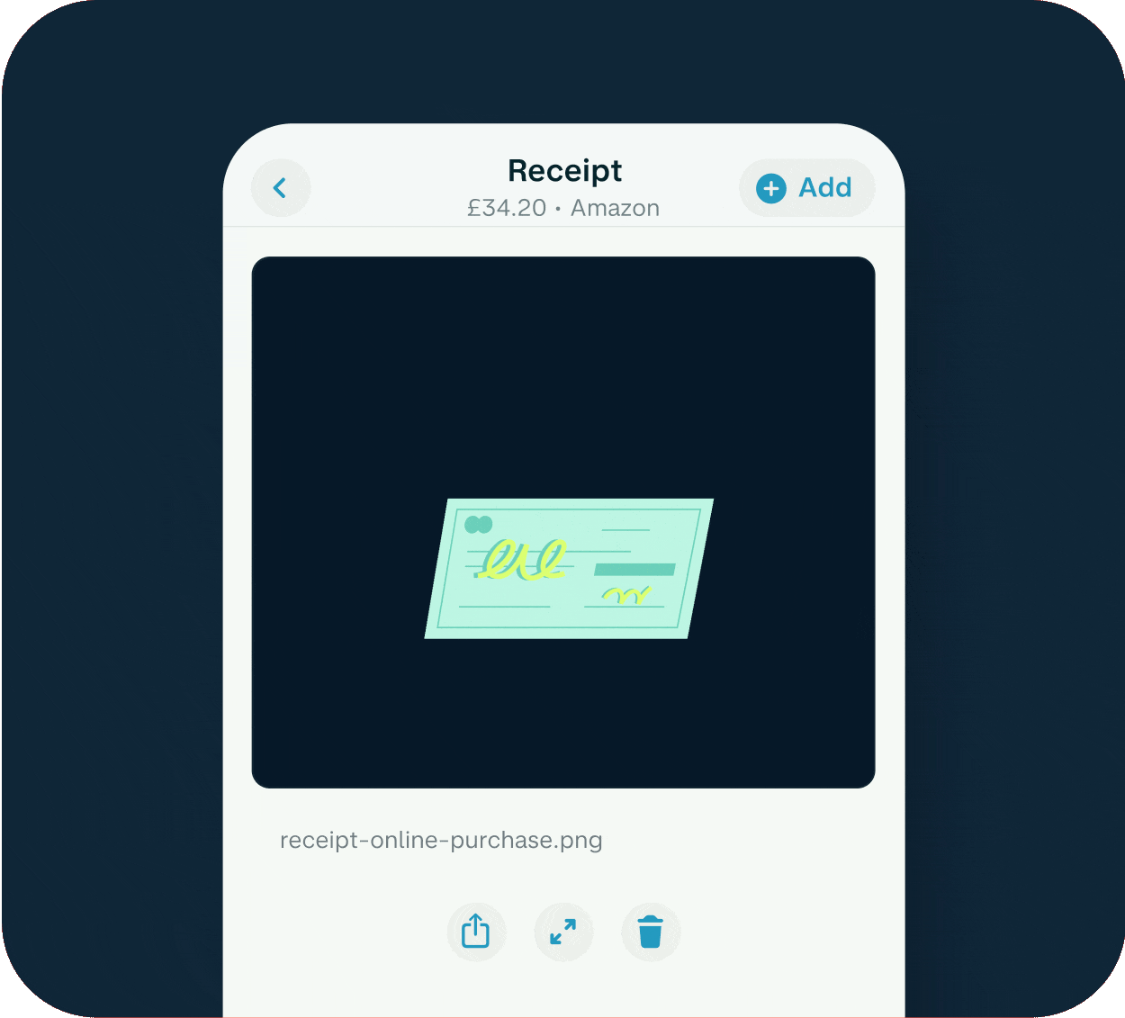 Monzo app receipt screen for a £34.20 Amazon purchase with a receipt image attached.