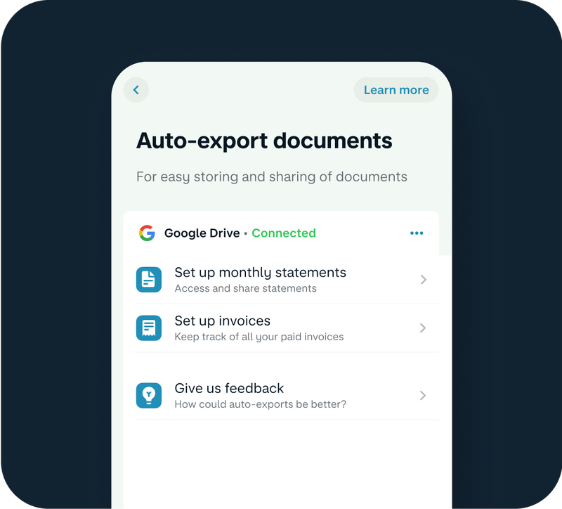 Mobile app screen titled “Auto-export documents” showing options to connect Google Drive, set up monthly statements, set up invoices, and give feedback.