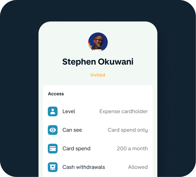 Profile screen for Stephen Okuwani showing Invited status with Expense cardholder access, card spend only visibility, 200 a month limit, and cash withdrawals allowed.