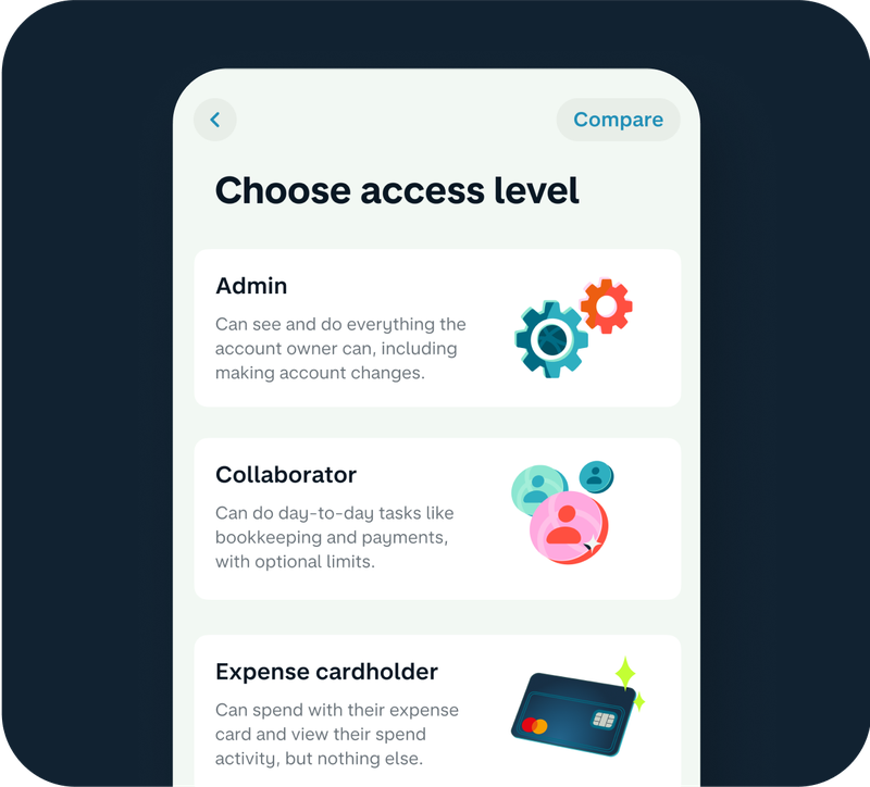 Mobile screen showing three access level options: Admin with full account control, Collaborator for day-to-day tasks like bookkeeping, and Expense cardholder for card spending only.