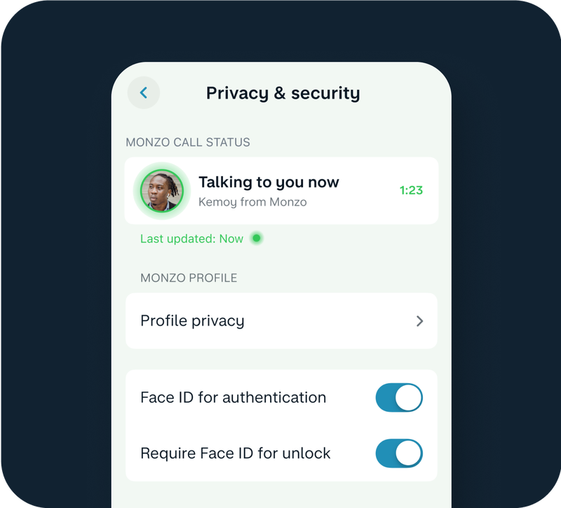 Monzo app Privacy & security screen showing a verified "Monzo call status" confirming an active call from Monzo, with Face ID unlock settings.